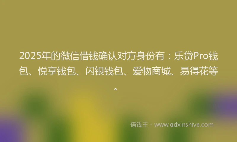 2025年的微信借钱确认对方身份有：乐贷Pro钱包、悦享钱包、闪银钱包、爱物商城、易得花等。
