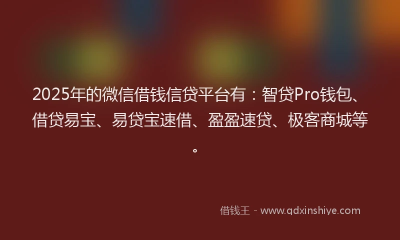 2025年的微信借钱信贷平台有：智贷Pro钱包、借贷易宝、易贷宝速借、盈盈速贷、极客商城等。