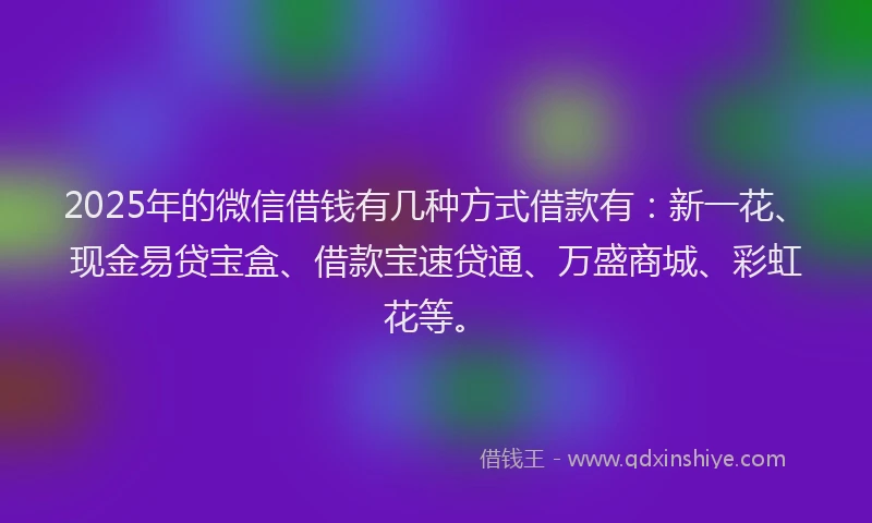 2025年的微信借钱有几种方式借款有：新一花、现金易贷宝盒、借款宝速贷通、万盛商城、彩虹花等。