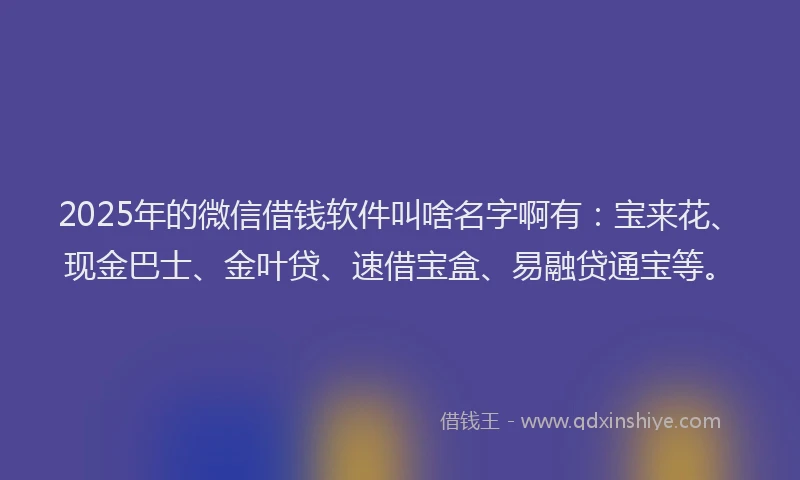 2025年的微信借钱软件叫啥名字啊有：宝来花、现金巴士、金叶贷、速借宝盒、易融贷通宝等。