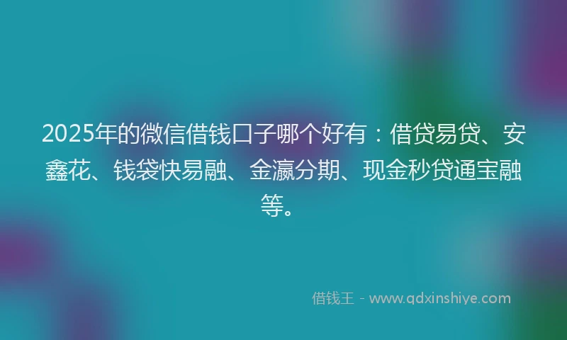 2025年的微信借钱口子哪个好有：借贷易贷、安鑫花、钱袋快易融、金瀛分期、现金秒贷通宝融等。
