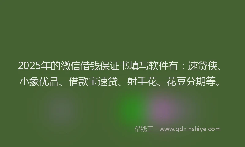 2025年的微信借钱保证书填写软件有：速贷侠、小象优品、借款宝速贷、射手花、花豆分期等。