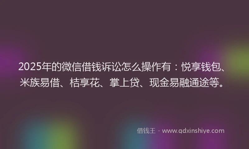 2025年的微信借钱诉讼怎么操作有：悦享钱包、米族易借、桔享花、掌上贷、现金易融通途等。
