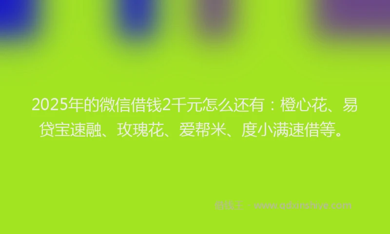 2025年的微信借钱2千元怎么还有：橙心花、易贷宝速融、玫瑰花、爱帮米、度小满速借等。