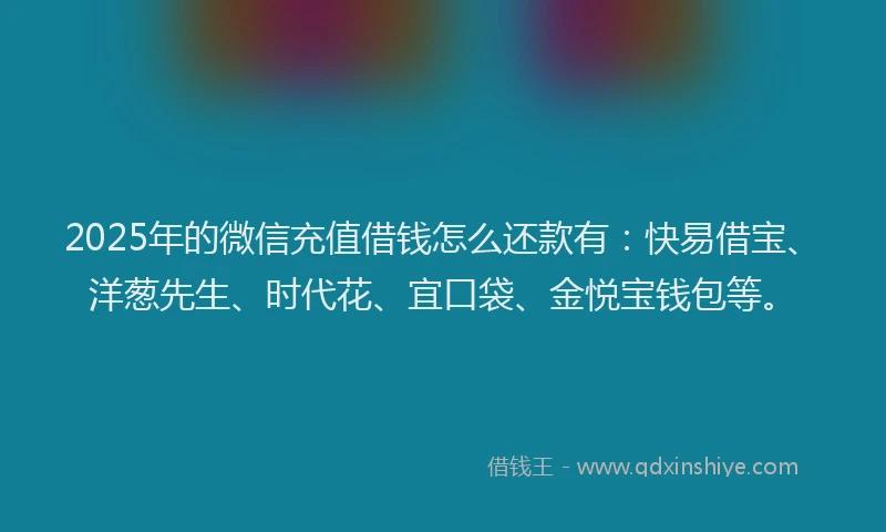 2025年的微信充值借钱怎么还款有：快易借宝、洋葱先生、时代花、宜口袋、金悦宝钱包等。