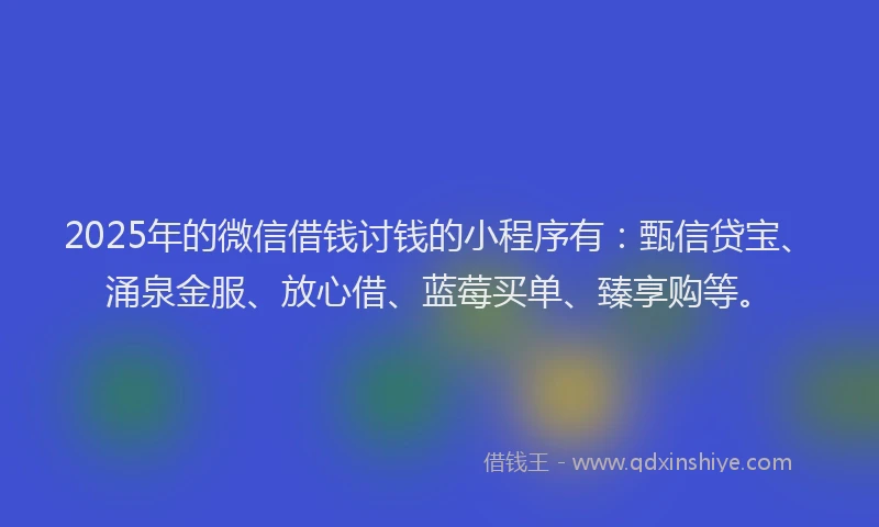 2025年的微信借钱讨钱的小程序有：甄信贷宝、涌泉金服、放心借、蓝莓买单、臻享购等。