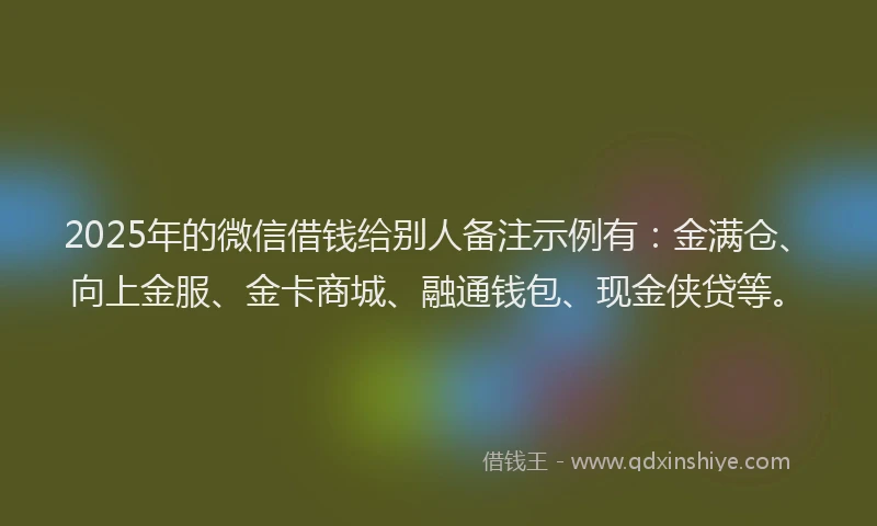 2025年的微信借钱给别人备注示例有：金满仓、向上金服、金卡商城、融通钱包、现金侠贷等。