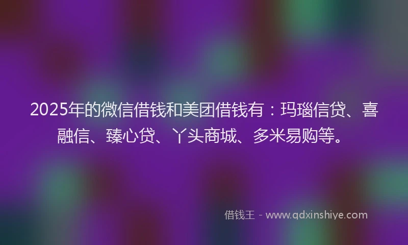 2025年的微信借钱和美团借钱有：玛瑙信贷、喜融信、臻心贷、丫头商城、多米易购等。