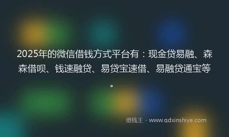 2025年的微信借钱方式平台有：现金贷易融、森森借呗、钱速融贷、易贷宝速借、易融贷通宝等。