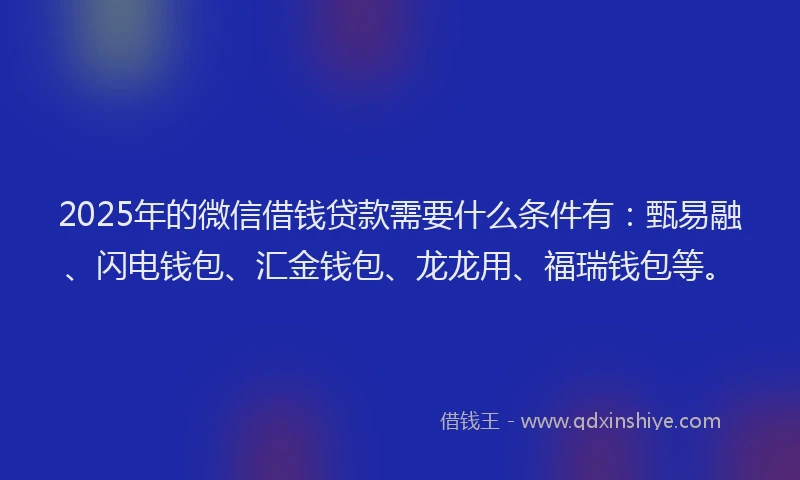 2025年的微信借钱贷款需要什么条件有：甄易融、闪电钱包、汇金钱包、龙龙用、福瑞钱包等。