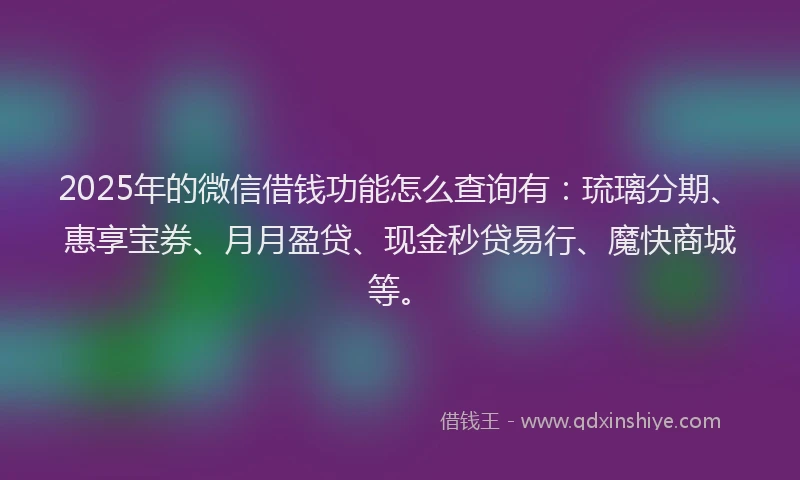2025年的微信借钱功能怎么查询有：琉璃分期、惠享宝券、月月盈贷、现金秒贷易行、魔快商城等。