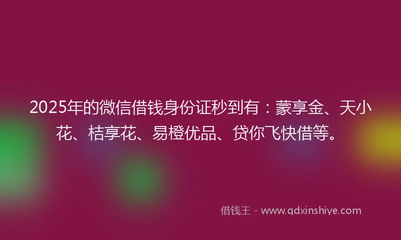 2025年的微信借钱身份证秒到有：蒙享金、天小花、桔享花、易橙优品、贷你飞快借等。