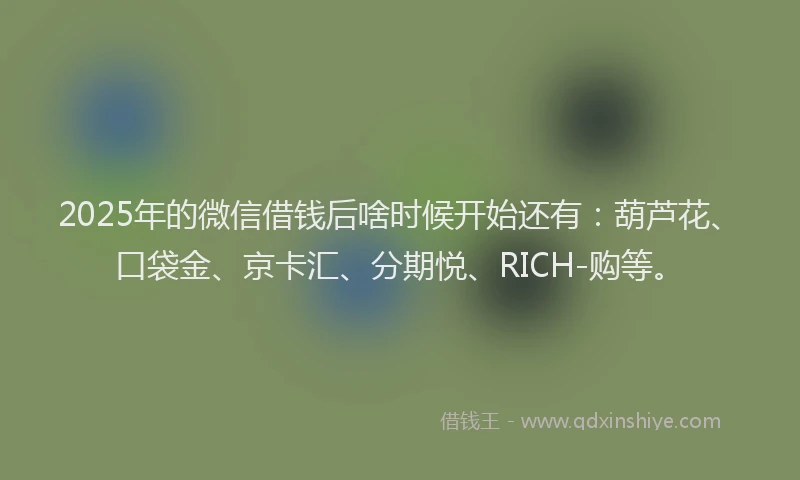 2025年的微信借钱后啥时候开始还有：葫芦花、口袋金、京卡汇、分期悦、RICH-购等。