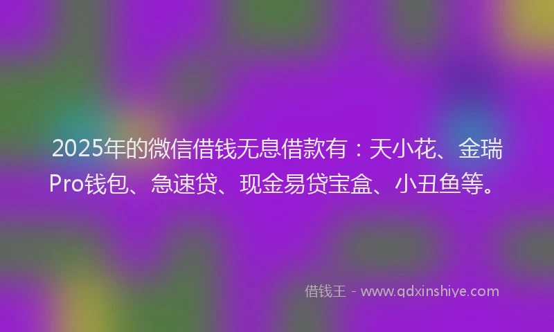 2025年的微信借钱无息借款有：天小花、金瑞Pro钱包、急速贷、现金易贷宝盒、小丑鱼等。