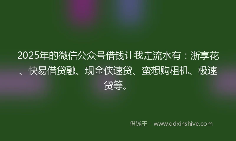 2025年的微信公众号借钱让我走流水有：浙享花、快易借贷融、现金侠速贷、蛮想购租机、极速贷等。
