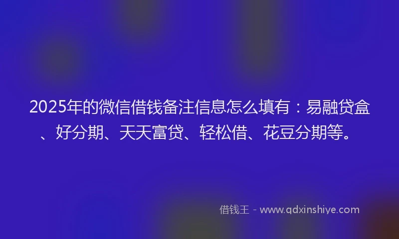 2025年的微信借钱备注信息怎么填有：易融贷盒、好分期、天天富贷、轻松借、花豆分期等。