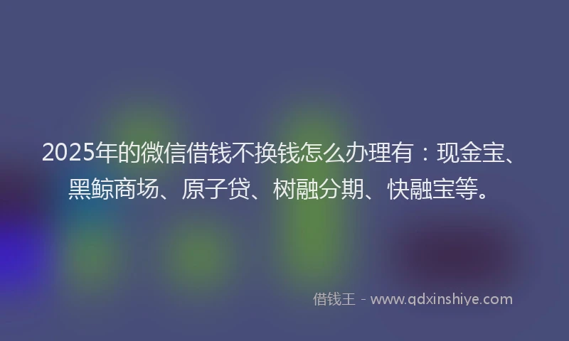 2025年的微信借钱不换钱怎么办理有：现金宝、黑鲸商场、原子贷、树融分期、快融宝等。