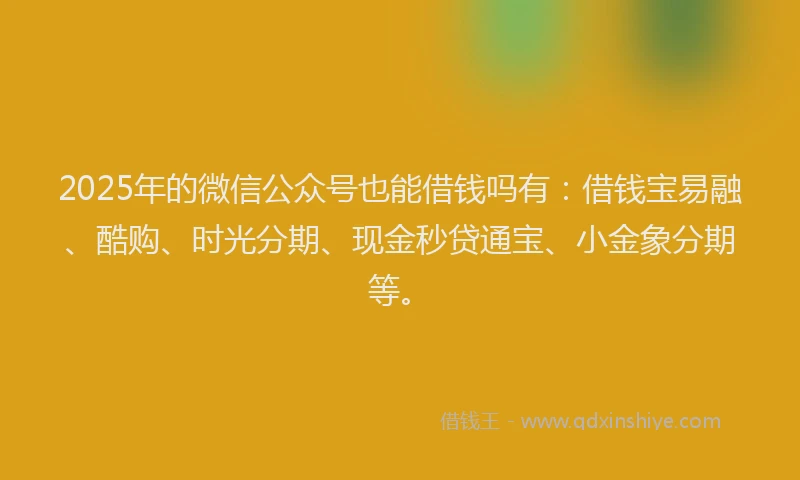 2025年的微信公众号也能借钱吗有：借钱宝易融、酷购、时光分期、现金秒贷通宝、小金象分期等。