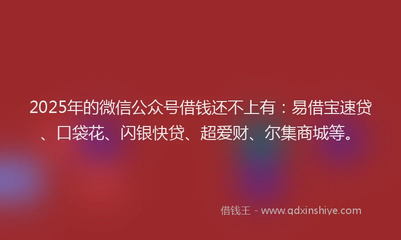 2025年的微信公众号借钱还不上有：易借宝速贷、口袋花、闪银快贷、超爱财、尔集商城等。