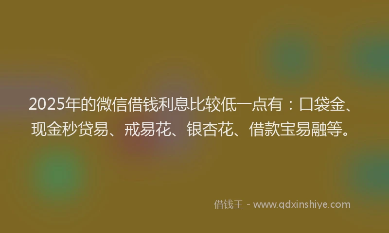 2025年的微信借钱利息比较低一点有：口袋金、现金秒贷易、戒易花、银杏花、借款宝易融等。
