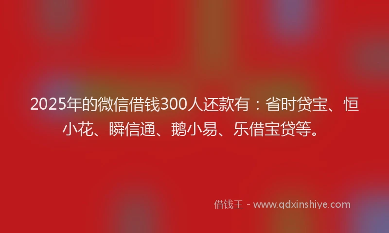 2025年的微信借钱300人还款有：省时贷宝、恒小花、瞬信通、鹅小易、乐借宝贷等。