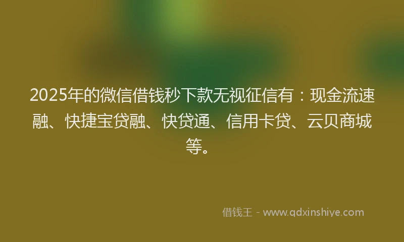 2025年的微信借钱秒下款无视征信有：现金流速融、快捷宝贷融、快贷通、信用卡贷、云贝商城等。