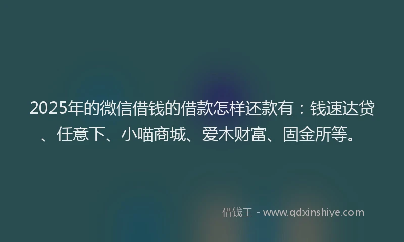 2025年的微信借钱的借款怎样还款有：钱速达贷、任意下、小喵商城、爱木财富、固金所等。