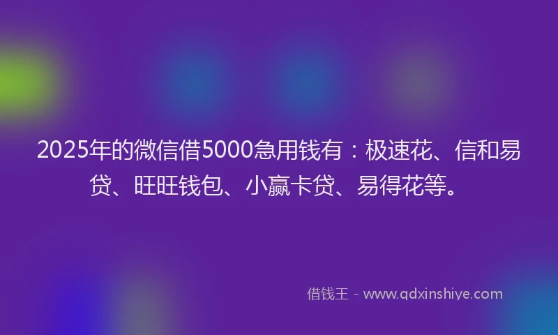 2025年的微信借5000急用钱有：极速花、信和易贷、旺旺钱包、小赢卡贷、易得花等。