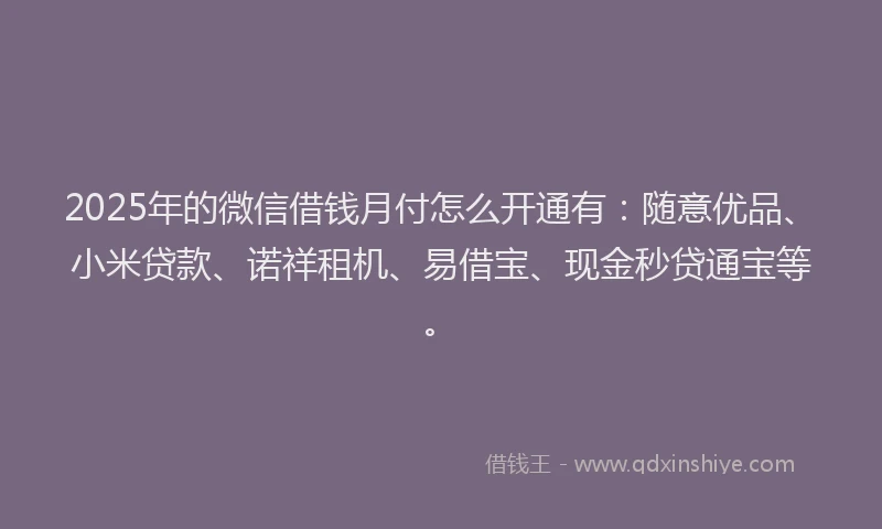 2025年的微信借钱月付怎么开通有：随意优品、小米贷款、诺祥租机、易借宝、现金秒贷通宝等。
