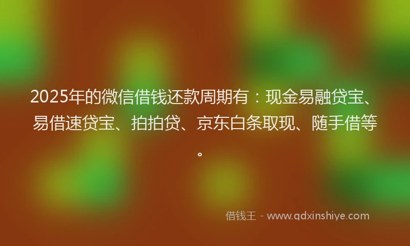 2025年的微信借钱还款周期有：现金易融贷宝、易借速贷宝、拍拍贷、京东白条取现、随手借等。