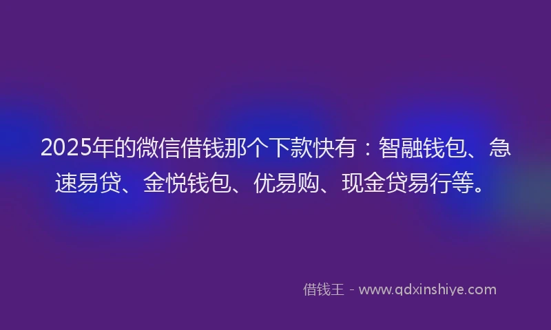 2025年的微信借钱那个下款快有：智融钱包、急速易贷、金悦钱包、优易购、现金贷易行等。