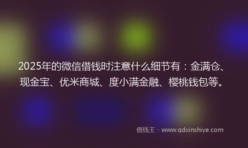 2025年的微信借钱时注意什么细节有：金满仓、现金宝、优米商城、度小满金融、樱桃钱包等。