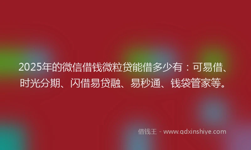 2025年的微信借钱微粒贷能借多少有：可易借、时光分期、闪借易贷融、易秒通、钱袋管家等。