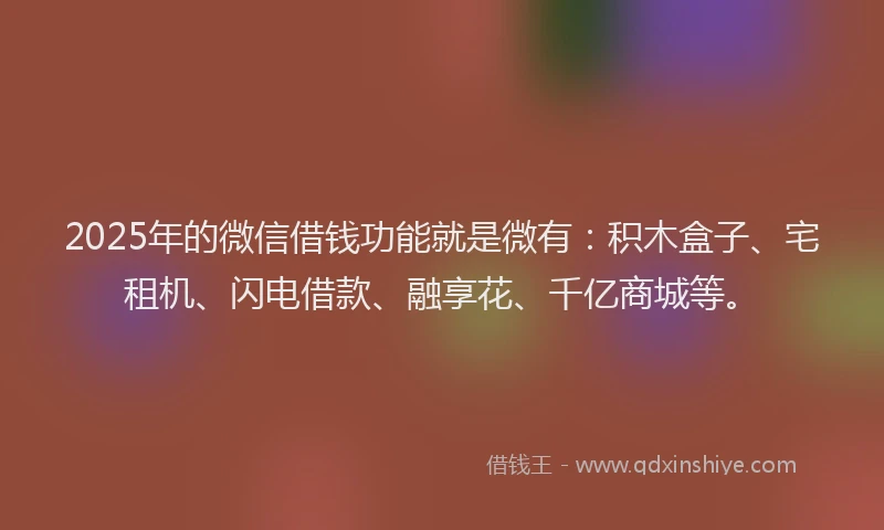 2025年的微信借钱功能就是微有：积木盒子、宅租机、闪电借款、融享花、千亿商城等。