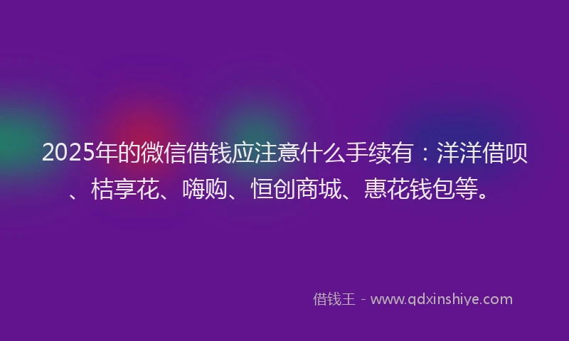 2025年的微信借钱应注意什么手续有：洋洋借呗、桔享花、嗨购、恒创商城、惠花钱包等。