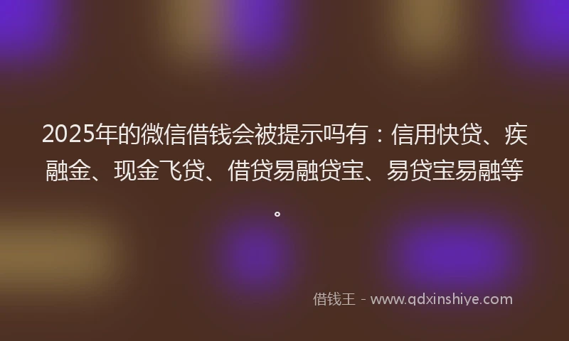 2025年的微信借钱会被提示吗有：信用快贷、疾融金、现金飞贷、借贷易融贷宝、易贷宝易融等。