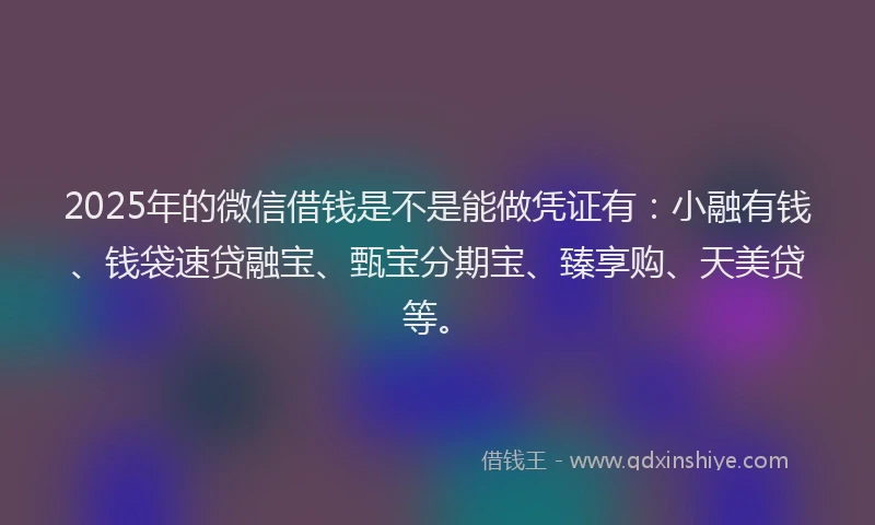 2025年的微信借钱是不是能做凭证有：小融有钱、钱袋速贷融宝、甄宝分期宝、臻享购、天美贷等。