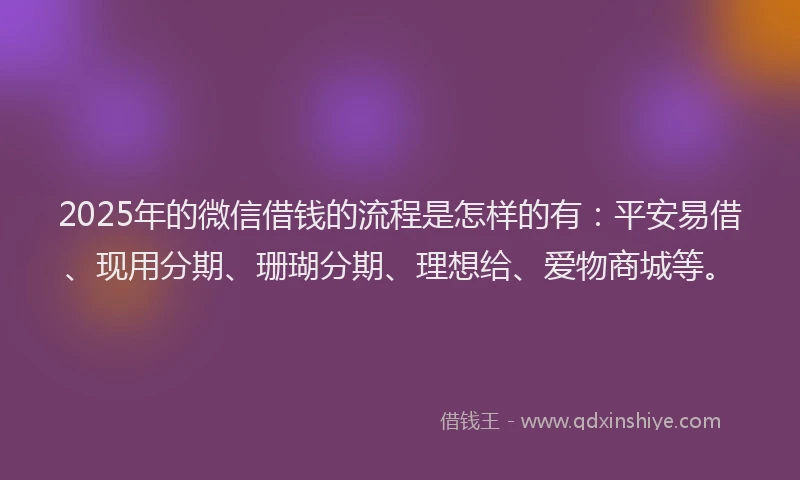 2025年的微信借钱的流程是怎样的有：平安易借、现用分期、珊瑚分期、理想给、爱物商城等。