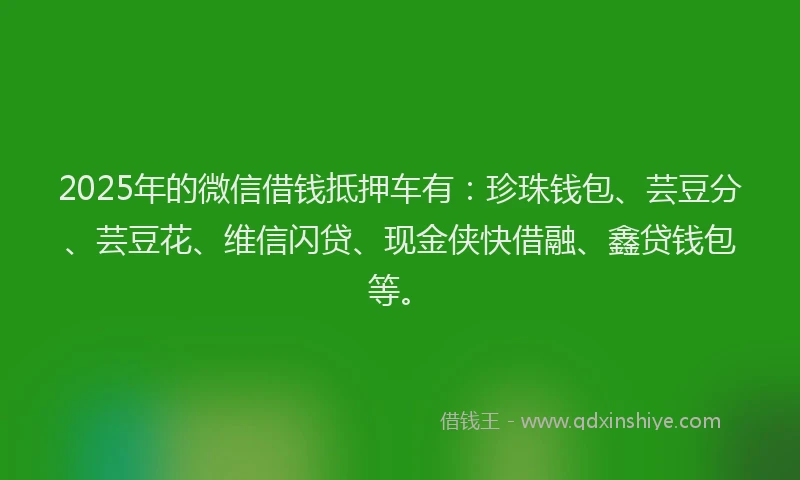 2025年的微信借钱抵押车有：珍珠钱包、芸豆分、芸豆花、维信闪贷、现金侠快借融、鑫贷钱包等。