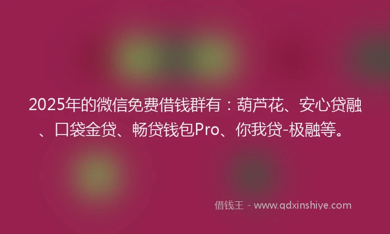 2025年的微信免费借钱群有：葫芦花、安心贷融、口袋金贷、畅贷钱包Pro、你我贷-极融等。