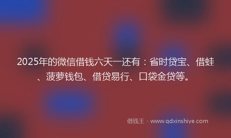 2025年的微信借钱六天一还有：省时贷宝、借蛙、菠萝钱包、借贷易行、口袋金贷等。