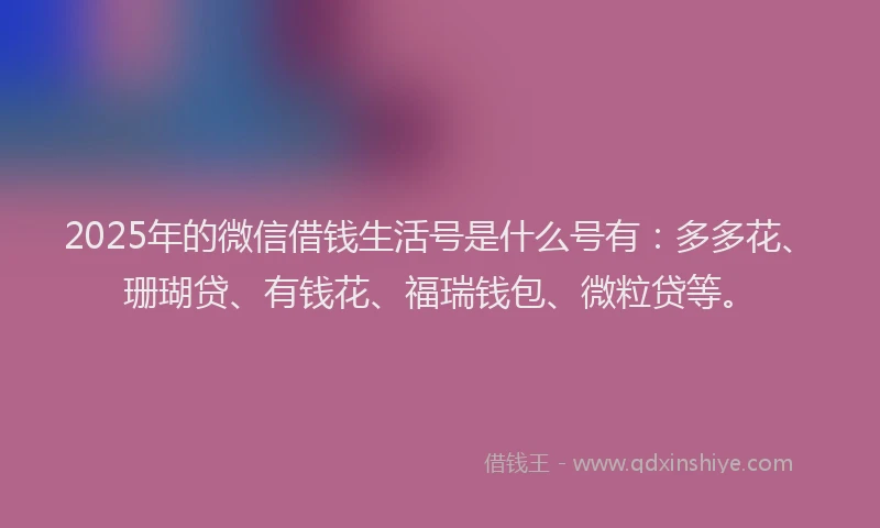 2025年的微信借钱生活号是什么号有：多多花、珊瑚贷、有钱花、福瑞钱包、微粒贷等。