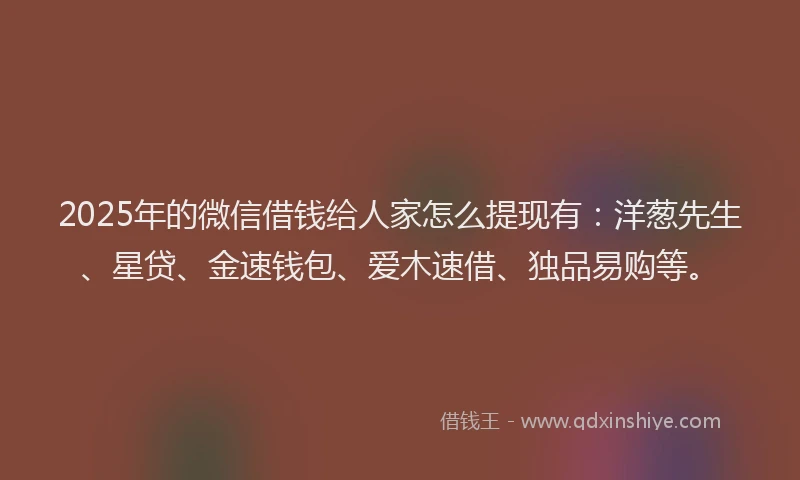 2025年的微信借钱给人家怎么提现有：洋葱先生、星贷、金速钱包、爱木速借、独品易购等。