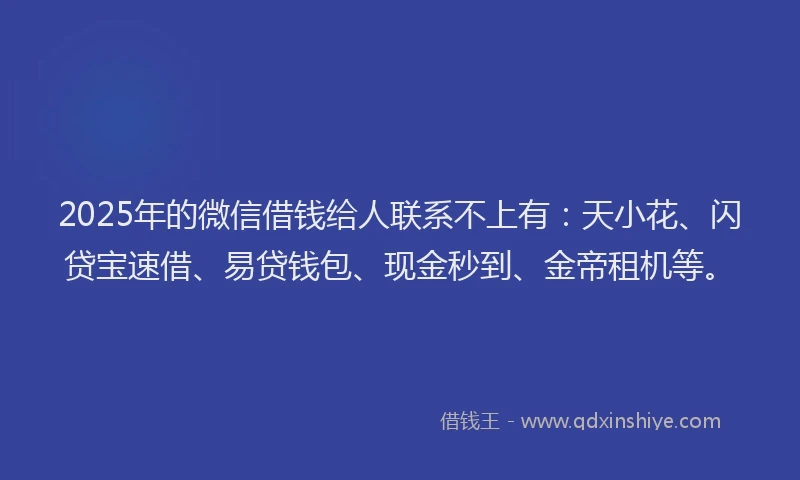 2025年的微信借钱给人联系不上有：天小花、闪贷宝速借、易贷钱包、现金秒到、金帝租机等。