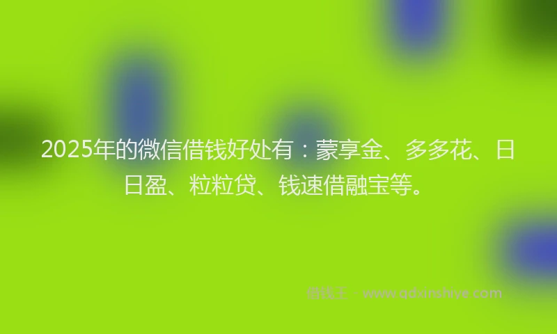 2025年的微信借钱好处有：蒙享金、多多花、日日盈、粒粒贷、钱速借融宝等。