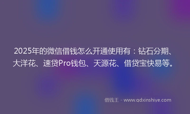 2025年的微信借钱怎么开通使用有：钻石分期、大洋花、速贷Pro钱包、天源花、借贷宝快易等。