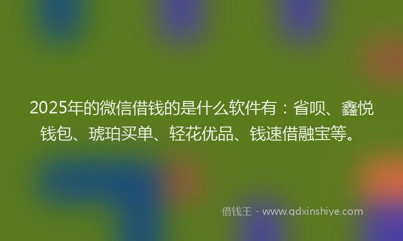2025年的微信借钱的是什么软件有：省呗、鑫悦钱包、琥珀买单、轻花优品、钱速借融宝等。