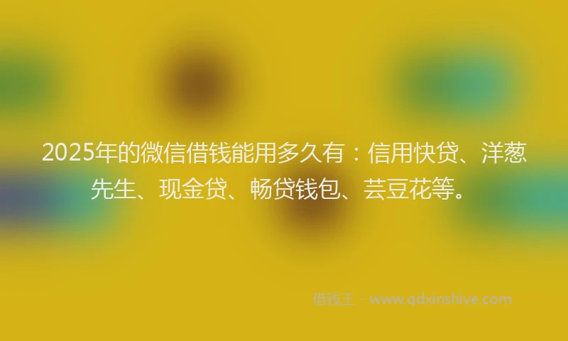 2025年的微信借钱能用多久有：信用快贷、洋葱先生、现金贷、畅贷钱包、芸豆花等。