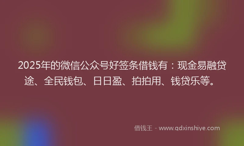 2025年的微信公众号好签条借钱有：现金易融贷途、全民钱包、日日盈、拍拍用、钱贷乐等。
