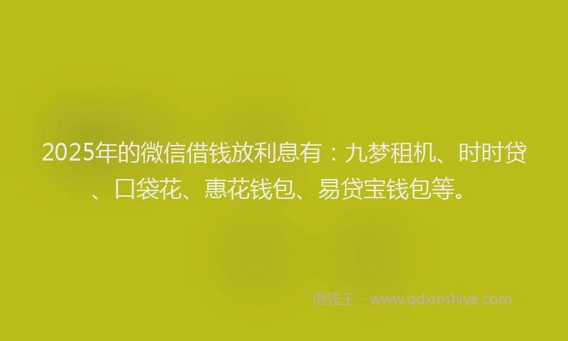 2025年的微信借钱放利息有：九梦租机、时时贷、口袋花、惠花钱包、易贷宝钱包等。